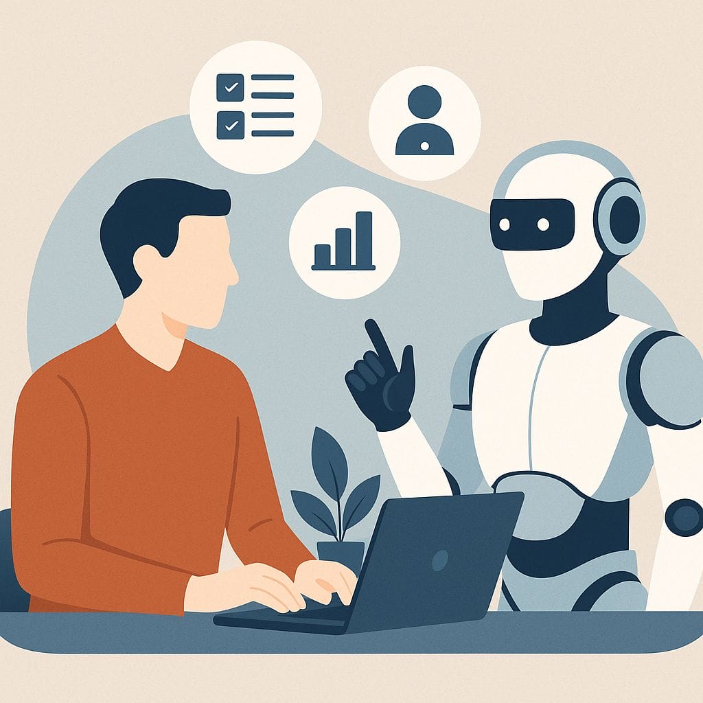 human SDR working on a laptop alongside a humanoid AI robot, representing collaboration between AI tools and sales development workflows. Floating icons show tasks like data analysis, prospecting, and CRM updates.