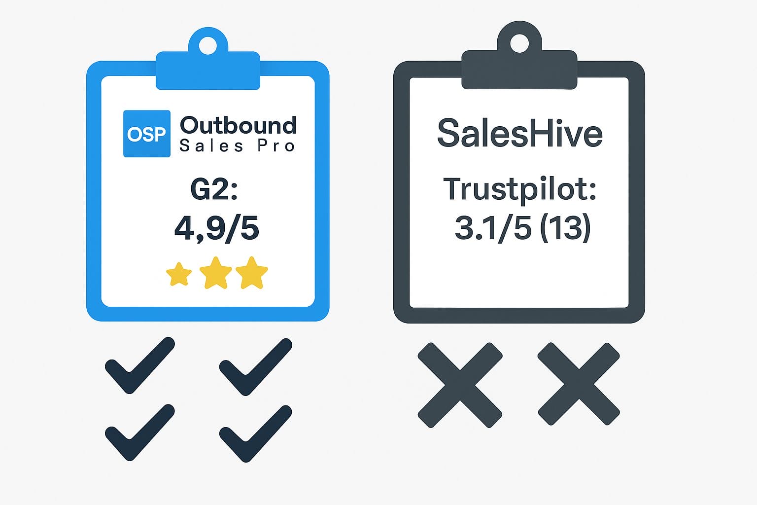 SalesHive vs Outbound Sales Pro review comparison showing OSP with 4.9/5 G2 rating and SalesHive with 3.1/5 Trustpilot rating