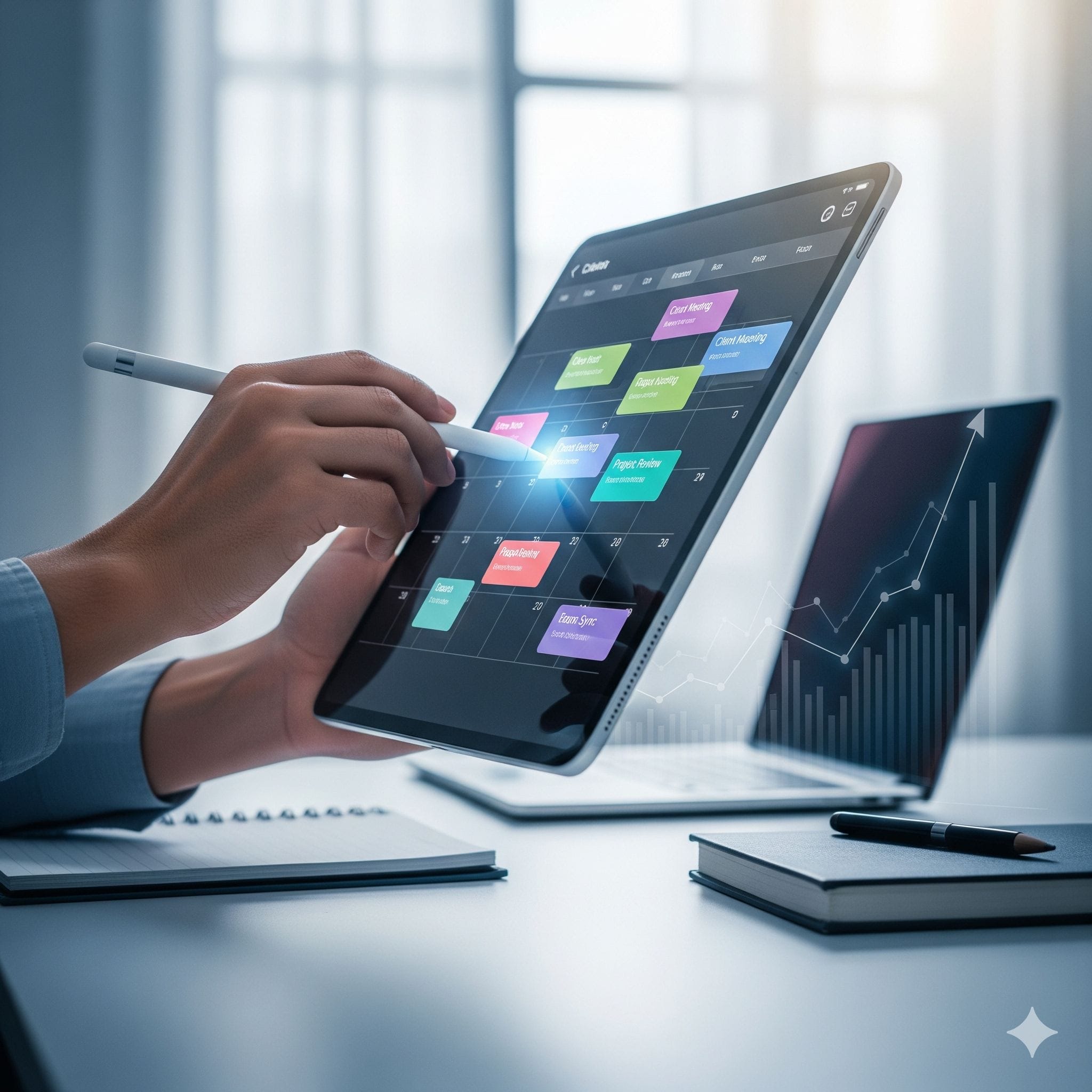 Digital calendar on tablet showing scheduled client meetings, symbolizing appointment setting companies streamlining sales pipeline and booking qualified meetings