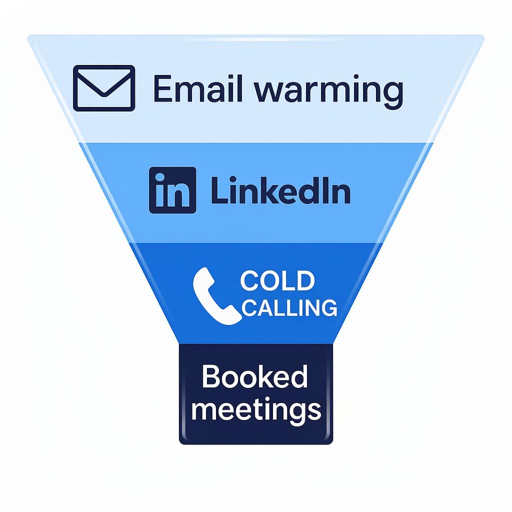 Funnel diagram showing multi-channel outbound sales process: Email Warming → LinkedIn → Cold Calling → Booked Meetings