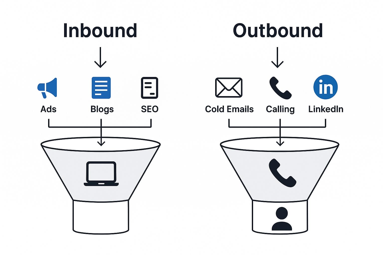 Comparison diagram showing inbound vs outbound sales funnels in 2025 using icons only