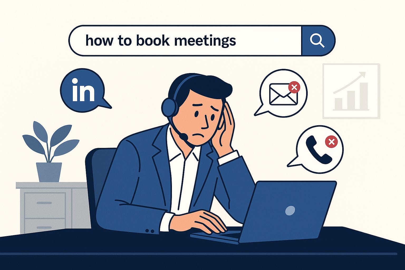 Abstract illustration of professionals booking sales meetings with digital calendars, video calls, and handshake icons