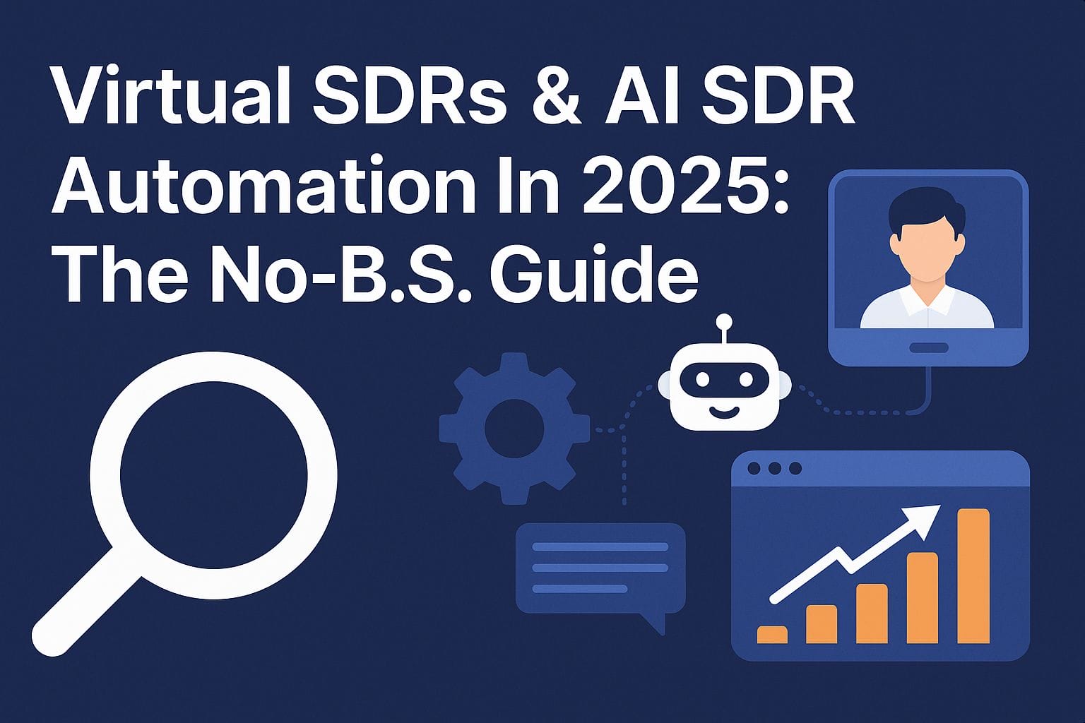 Digital illustration showing virtual SDRs and AI SDR automation with icons of a chatbot, gears, analytics chart, and remote worker.