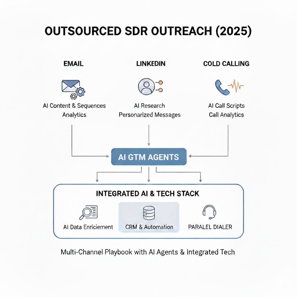 Diagram of multi-channel outsourced SDR services: email warming, LinkedIn credibility, and parallel dialing calls supported by AI research and deliverability