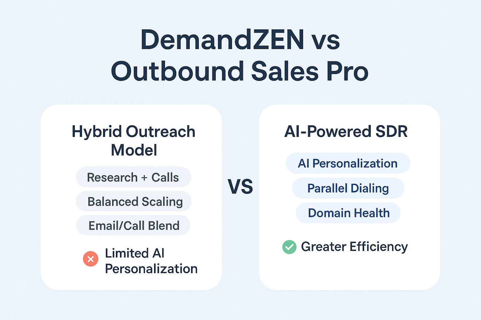 Minimalist flat-style infographic comparing DemandZEN and Outbound Sales Pro. The left side shows research and calling icons symbolizing hybrid outreach; the right side depicts AI automation, parallel dialing, and analytics visuals. Clean white background with blue and purple accents, no text